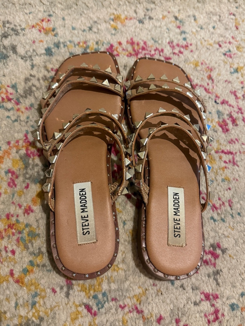 Hardly Worn Steve Madden Tan Studded Triple-Strap Slide Sandals - Picture 7 of 7